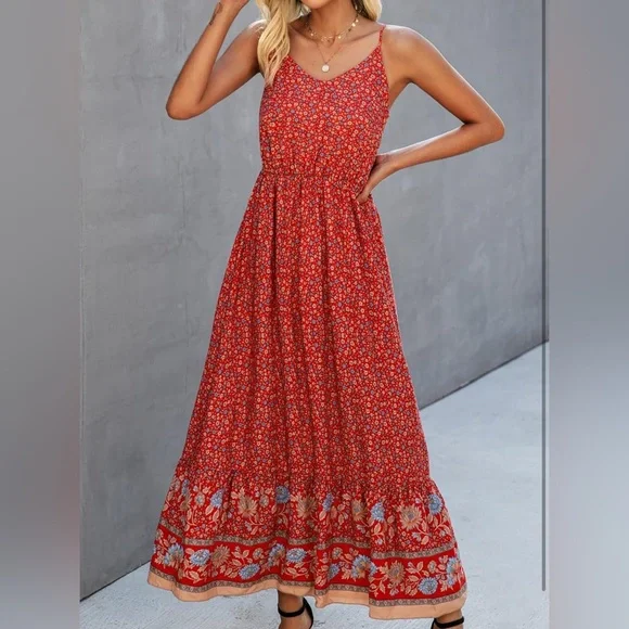 NWT Floral Red boho Maxi Dress M - Picture 1 of 13
